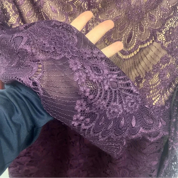 Monique Lhuillier Long Sleeve Lace Metallic Shimmer Sheath Mini Dress Purple 10 - Picture 6 of 12